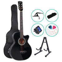 Thumbnail for Alpha 38 Inch Acoustic Guitar Wooden Body Steel String Full Size w/ Stand Black