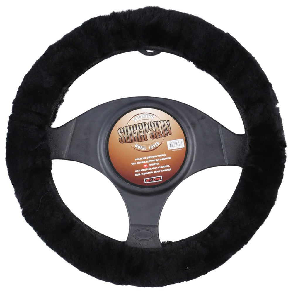 Sheepskin Steering Wheel Cover - Black