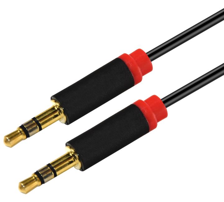 ASTROTEK 2m Stereo 3.5mm Flat Cable Male to Male Black with Red Mold - Audio Input Extension Auxiliary Car Cord