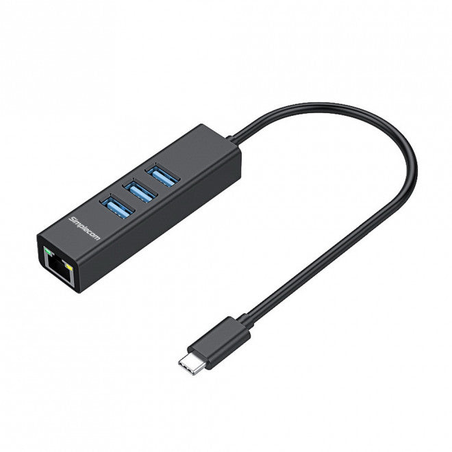 SIMPLECOM CHN421 Black Aluminium USB-C to 3 Port USB HUB with Gigabit Ethernet Adapter - CBAT-USBCLAN