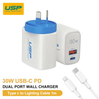 Thumbnail for USP 30W Dual Port (USB-A + USB-C) PD Fast Wall Charger + Lightning Cable (1M) - (6972475750480), PD + QC3.0 Fast & Safe Charge, Compact, Travel-Ready