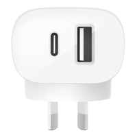 Thumbnail for BELKIN BOOST CHARGE Dual Wall Charger with PPS 37W - White (WCB007auWH), Two device charging: USB C + USB A can charge two phones at the same time