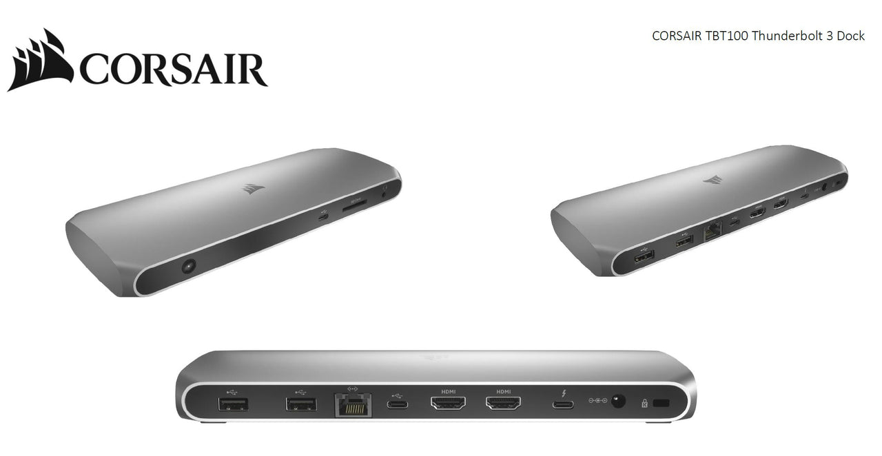 CORSAIR TBT100 Thunderbolt 3 Dock, TB, 2x USB-C 3.2, 2x USB-A 3.1, 2x HDMI 4K 60Hz, 3.5mm Audio, GB Ethernet, SD UHS-II Slim Aluminum Dock. MAC MS