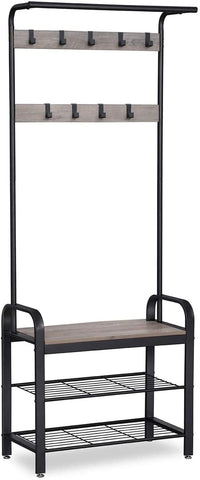 Thumbnail for Greige and Black Steel Freestanding Coat Rack Stand with Removable Hooks, Bench and Shoe Rack, Height 183 cm