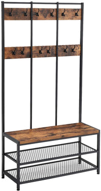 Thumbnail for Large Coat Rack Stand with 12 Hooks and Shoe Bench Rustic Brown and Black