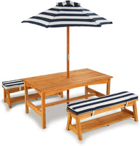 Thumbnail for Outdoor Table & Bench Set with Cushions & Umbrella (Navy)