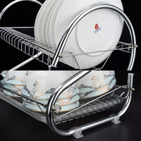 Thumbnail for 2 Tier Dish Rack with Drain Board for Kitchen Counter and Plated Chrome Dish Dryer Silver 42 x 25,5 x 38 cm