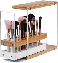 Thumbnail for 31 Holes Acrylic Bamboo Brush Holder Organiser Beauty Cosmetic Display Stand with Leather Drawer White (22.3 x 8.6 x 21.5 cm)