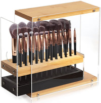 Thumbnail for 31 Holes Acrylic Bamboo Brush Holder Organiser Beauty Cosmetic Display Stand with Leather Drawer Black (22.3 x 8.6 x 21.5 cm)