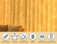 Thumbnail for USB Powered 300 LED Curtain String Light with 8 Modes and Remote Control for Bedroom Party Wedding Decorations