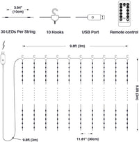 Thumbnail for USB Powered 300 LED Curtain String Light with 8 Modes and Remote Control for Bedroom Party Wedding Decorations