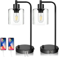 Thumbnail for 2x Pack Industrial Table Lamp with 2 USB Port for Bedside Nightstand Desk and Living Room Office (Bulb not Included)