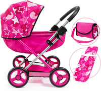 Thumbnail for Baby Doll Stroller Pram for Toddlers, Foldable with Bag and Blanket, Modern Pink with Stars