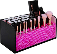 Thumbnail for Leather Makeup Brush Cosmetic Organiser Storage Box with Pink Pearls, Acrylic Cover and 3 Compartments(Black)