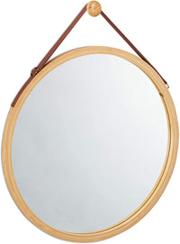 Thumbnail for Hanging Round Wall Mirror 38 cm - Solid Bamboo Frame and Adjustable Leather Strap for Bathroom and Bedroom