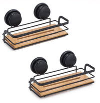 Thumbnail for 2 Pack Rectangular Bamboo Corner Shower Caddy Shelf Basket Rack with Premium Vacuum Suction Cup No-Drilling for Bathroom and Kitchen
