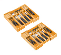 Thumbnail for 2 Pack Large Capacity Bamboo Expandable Drawer Organizer with Knife Block Holder for Home Kitchen Utensils