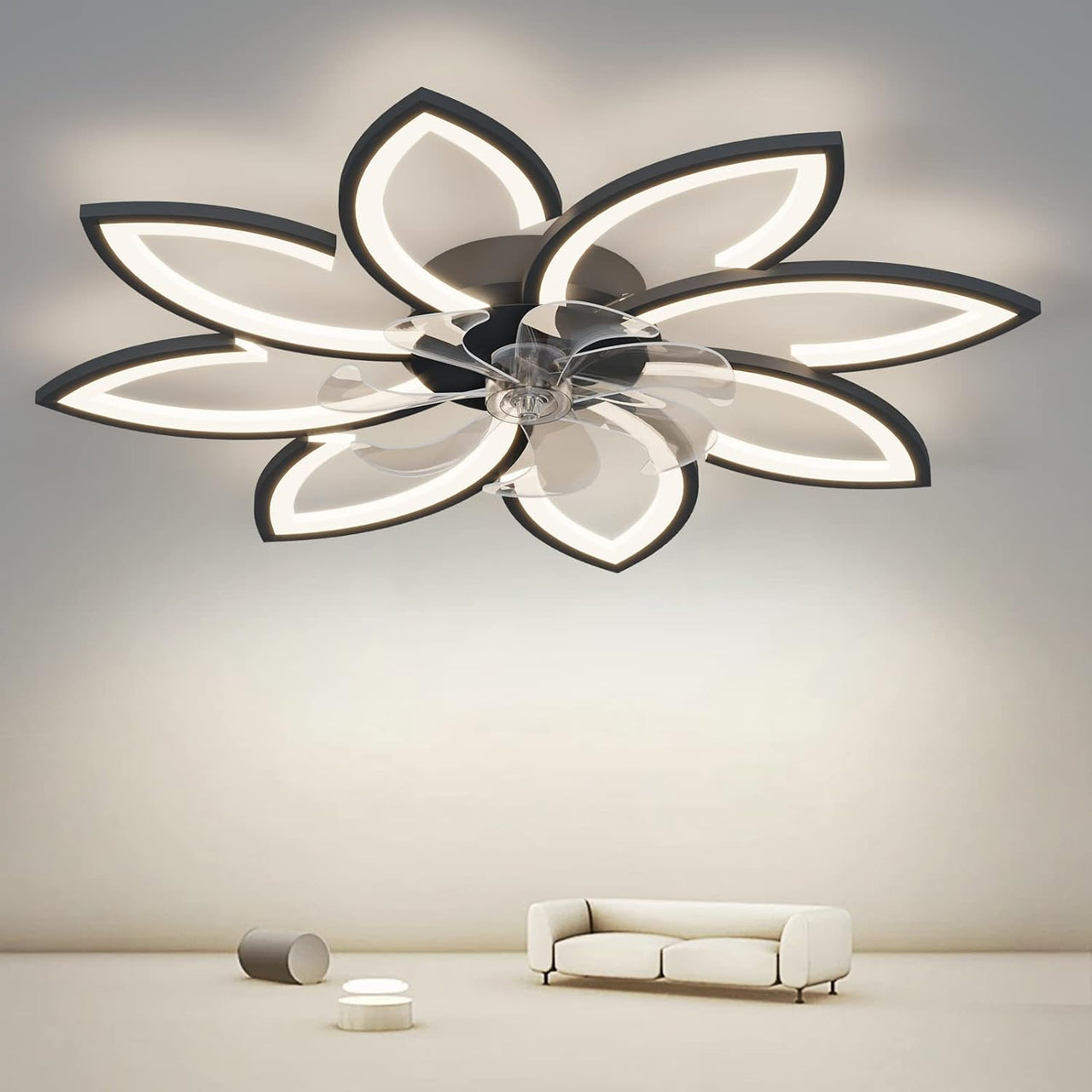 Modern Ceiling Light Fan, Low Profile, 6 Wind Speed, 3 Color (90cm, Black)