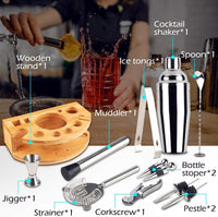 Thumbnail for Cocktail Shaker Set Bartender Kit with Bamboo frame and 12 Pieces Stainless Steel Bar Tool Set