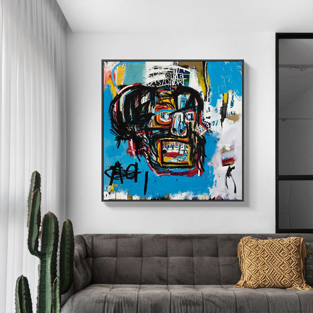 Wall Art 60cmx60cm Blue Head By Basquiat Black Frame Canvas