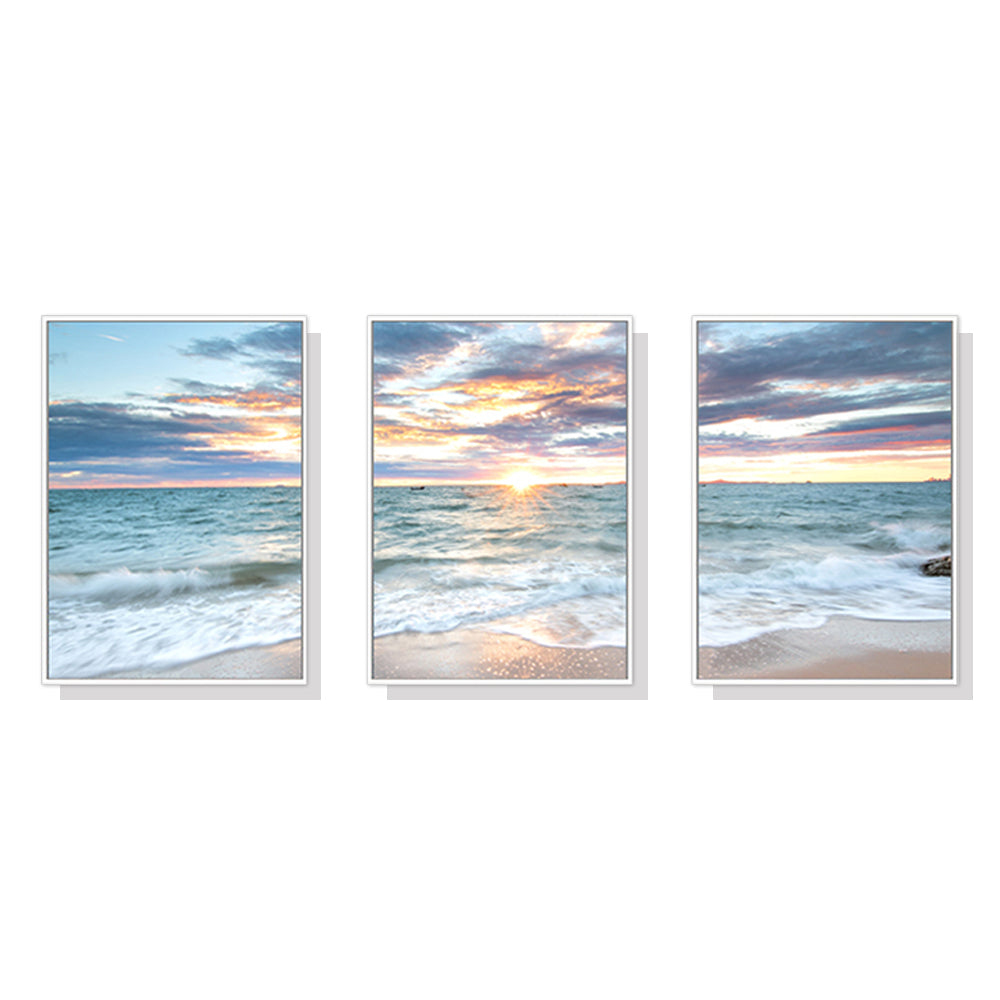 Wall Art 50cmx70cm Sunrise by the ocean 3 Sets White Frame Canvas