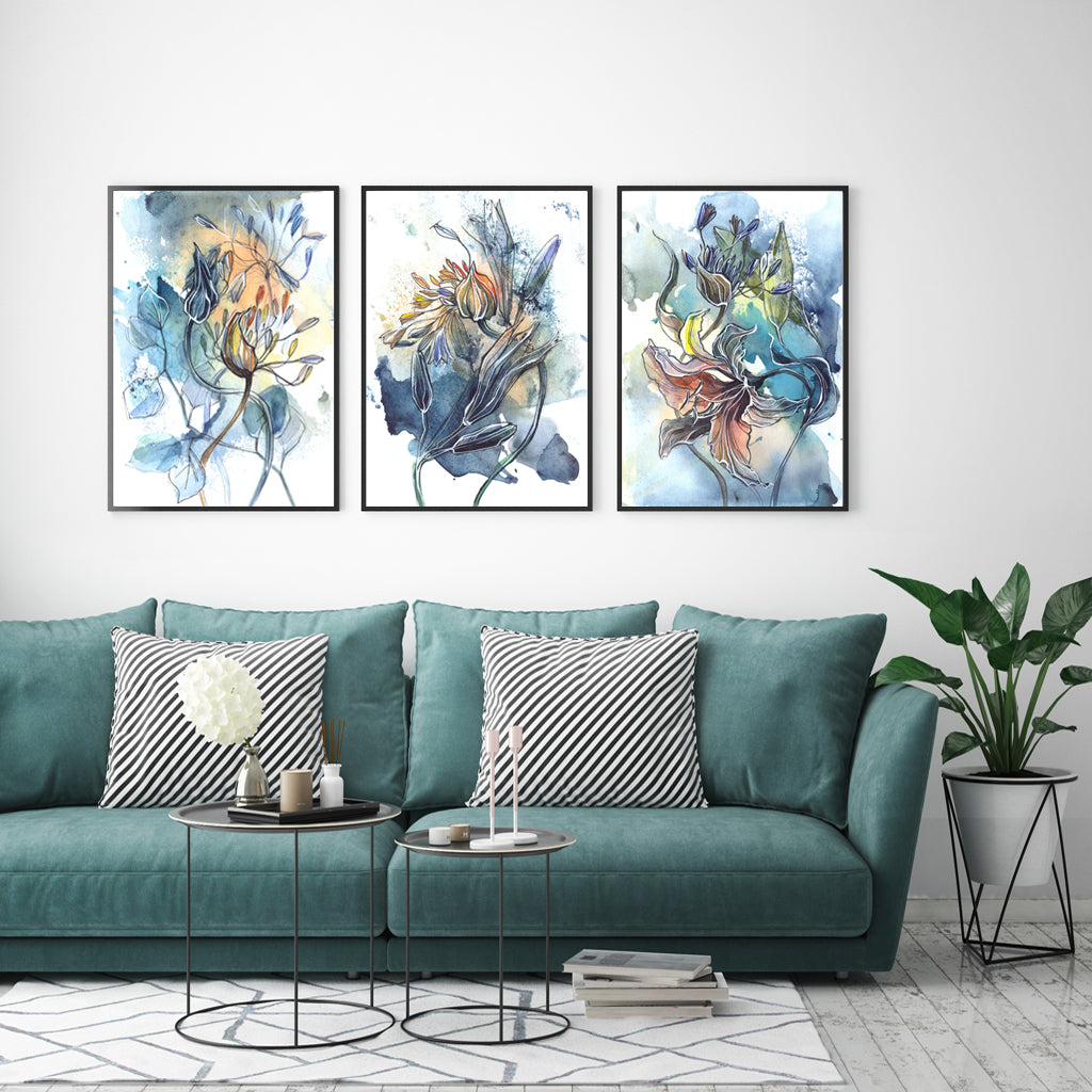 Wall Art 50cmx70cm Watercolor Style Abstract Flower 3 Sets Black Frame Canvas