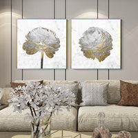 Thumbnail for Wall Art 60cmx60cm Gold And White Blossom On White 2 Sets Gold Frame Canvas