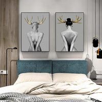 Thumbnail for Wall Art 80cmx120cm Girl With Gold Horn 2 Sets Black Frame Canvas