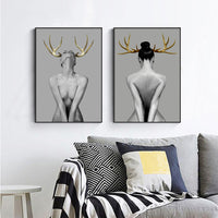 Thumbnail for Wall Art 100cmx150cm Girl With Gold Horn 2 Sets Black Frame Canvas