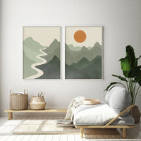 Thumbnail for Wall Art 90cmx135cm Sage Green River Mountain 2 Sets White Frame Canvas