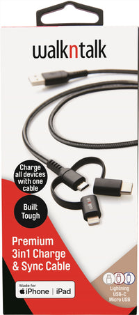 Thumbnail for Walk n Talk 3in1 Charge & Sync Cable/USB-C/Micro USB