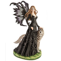 Thumbnail for Large Black Fairy Princess with White Wolf Figurine