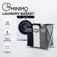 Thumbnail for GOMINIMO 135L Foldable Laundry Cloth Hamper with 3 Sections (White+Grey+Black)