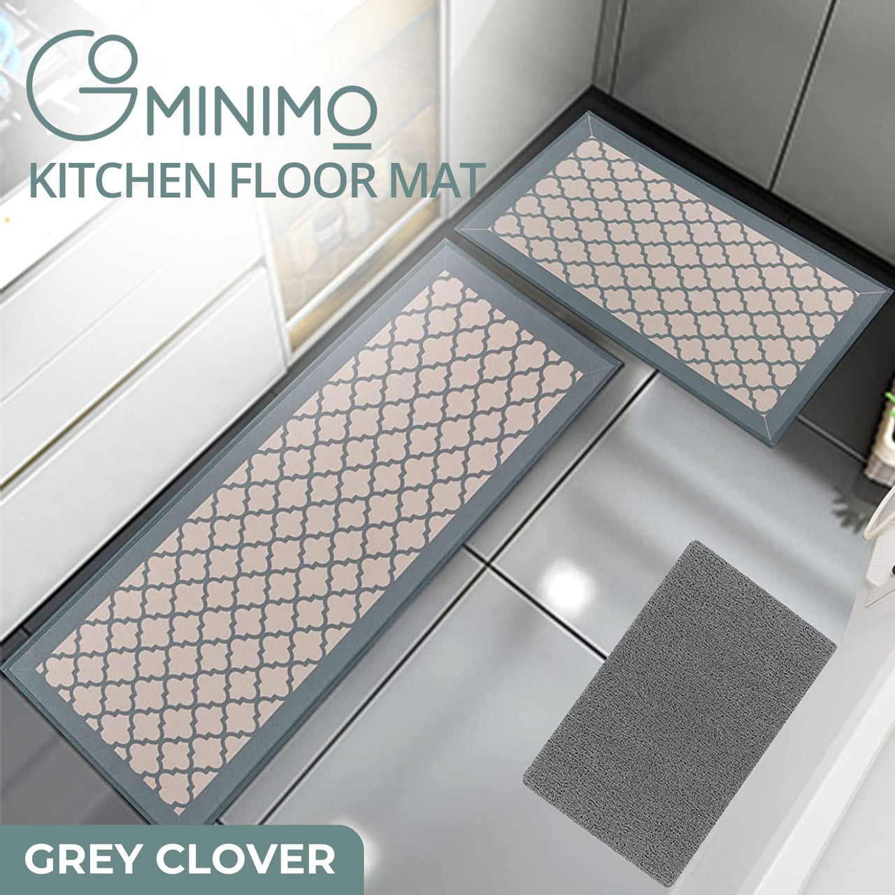 GOMINIMO 2 PCS Washable Non Slip Absorbent Kitchen Floor Mat (44x80+44x150cm, Grey Lucky Clover)