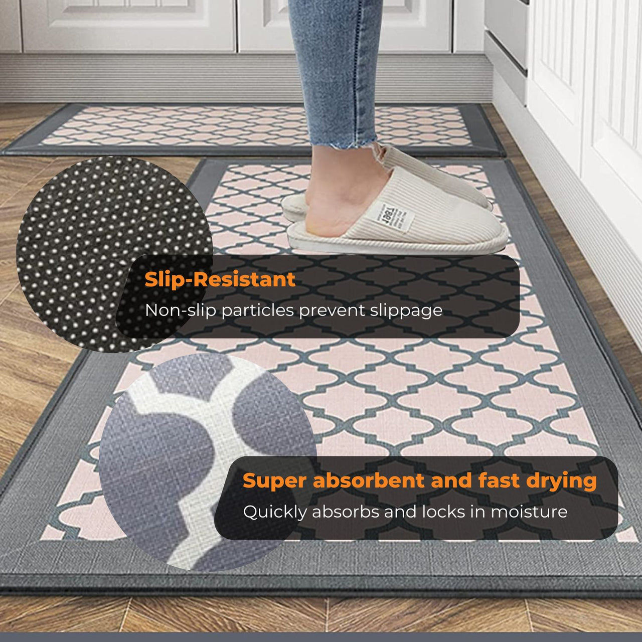 GOMINIMO 2 PCS Washable Non Slip Absorbent Kitchen Floor Mat (44x80+44x180cm, Grey Lucky Clover)