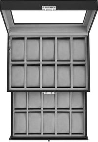 Thumbnail for SONGMICS 20-Slot Watch Box with Glass Lid 2 Layers Black Synthetic Leather Gray Lining