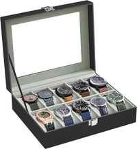 Thumbnail for SONGMICS Watch Box for 10 Watches with Glass Lid and Removable Watch Pillows Black Synthetic Leather Grey Lining