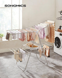 Thumbnail for SONGMICS Foldable 2-Level Large Clothes Drying Rack with Adjustable Wings 33 Drying Rails and Clips Silver and White