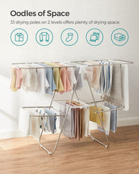 Thumbnail for SONGMICS Foldable 2-Level Large Clothes Drying Rack with Adjustable Wings 33 Drying Rails and Clips Silver and White