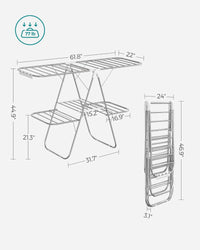 Thumbnail for SONGMICS Foldable 2-Level Large Clothes Drying Rack with Adjustable Wings 33 Drying Rails and Clips Silver and White