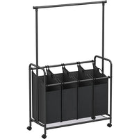 Thumbnail for SONGMICS 4-Bag Laundry Sorter Rolling Cart with Hanging Bar Heavy-Duty Wheels Black