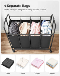 Thumbnail for SONGMICS 4-Bag Laundry Sorter Rolling Cart with Hanging Bar Heavy-Duty Wheels Black