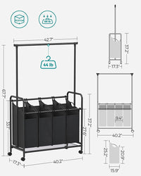 Thumbnail for SONGMICS 4-Bag Laundry Sorter Rolling Cart with Hanging Bar Heavy-Duty Wheels Black