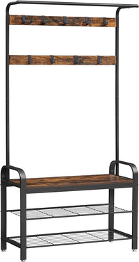 Thumbnail for VASAGLE 4-in-1 Coat Rack with Shoe Bench and 9 Removable Hooks Rustic Brown and Black