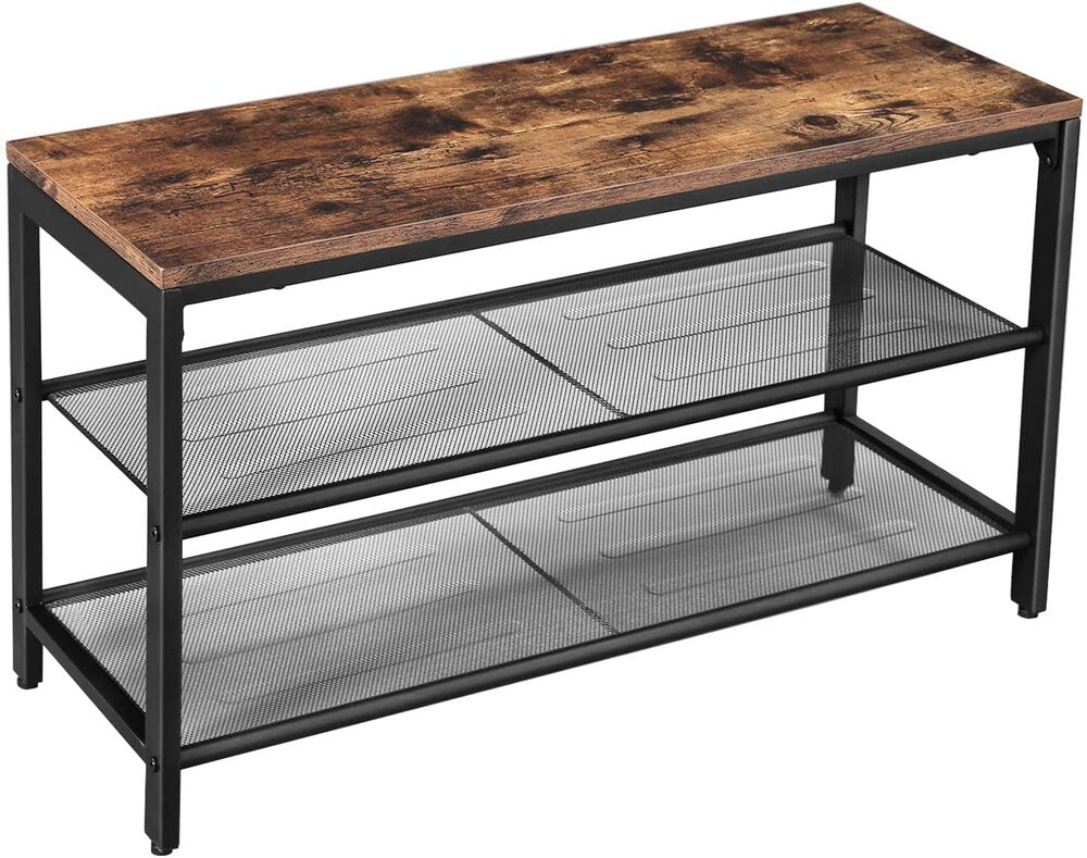 VASAGLE Shoe Bench with Seat Shoe Rack with 2 Mesh Shelves Rustic Brown and Black