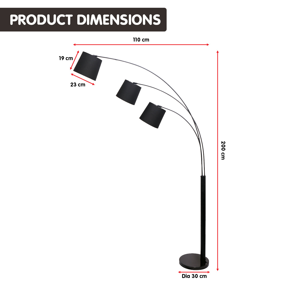 Sarantino 3-Light Arc Floor Lamp Adjustable Black 3 Shades