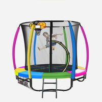 Thumbnail for Kahuna 8ft Outdoor Trampoline Kids Children With Safety Enclosure Mat Pad Net Ladder Basketball Hoop Set - Rainbow