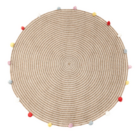 Thumbnail for Round Woven Jute Cotton Multicolour Pompom Rug 120 cm