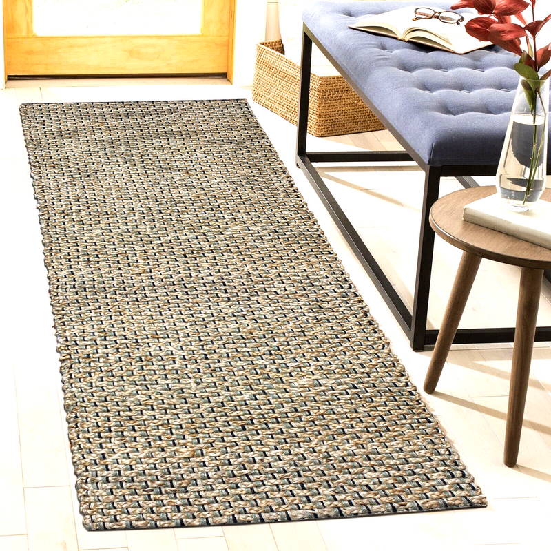 Hand Braided Jute Runner with Green Textured Weave 50 x 120 cm