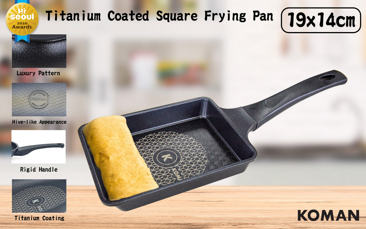 KOMAN Shinewon Frypan Frying Pan 19x14cm Non-stick Titanium Coat Square BLACK